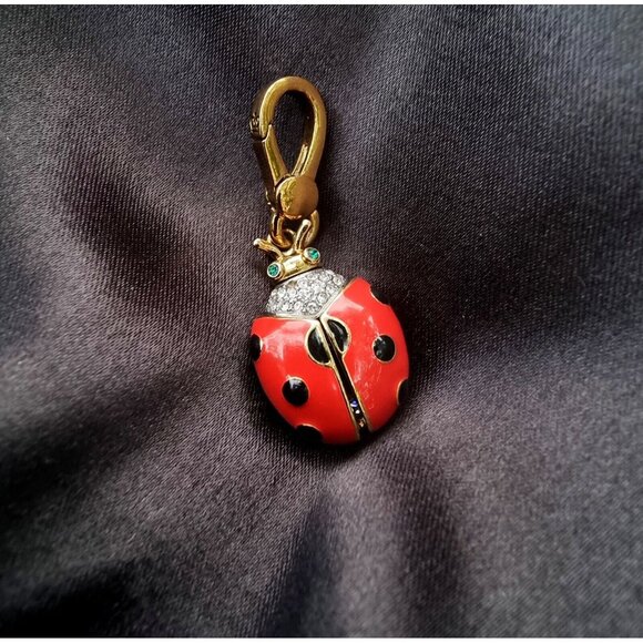 Juicy Courture Signed Red Enamel Ladybug Crown Crystal Inside Pendant - Picture 2 of 5